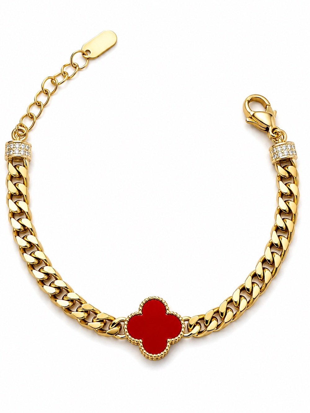 14K Gold Plated Red Clover Bracelet with Zirconia Adjustable Rhodium Plated